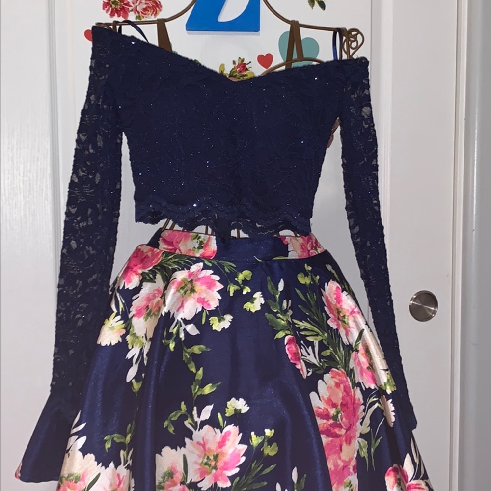2 piece formal navy blue floral set